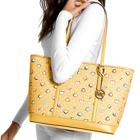 New Michael Kors Jet Set Large Printed Signature Logo Tote Bag Honey - Picture 4 of 5